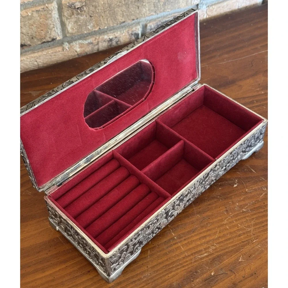 Vintage Jewelry Casket Silver Tone Floral Etched‎ Box w/ Red Velvet Lining Heavy
